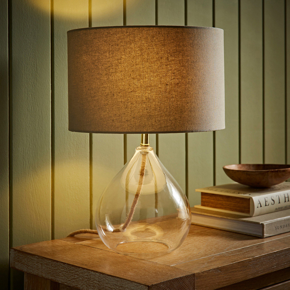 ValueLights Eloise Natural Linen Drum Shade Clear Glass Teardrop LED Table Lamp Image 2