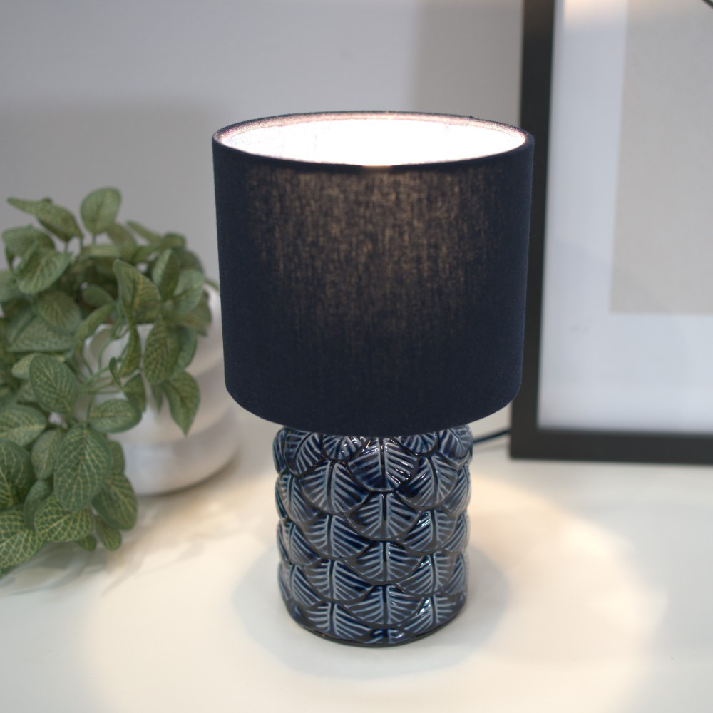ValueLights Priyah Fabric Shade Navy Ceramic Scallop LED Table Lamp Image 2