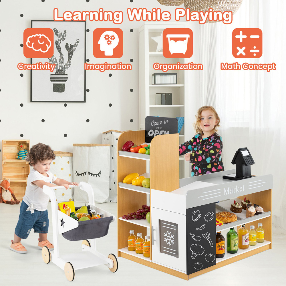 Costway White Pretend Grocery Store Play Set with Shopping Cart and 2 Chalkboards Image 5