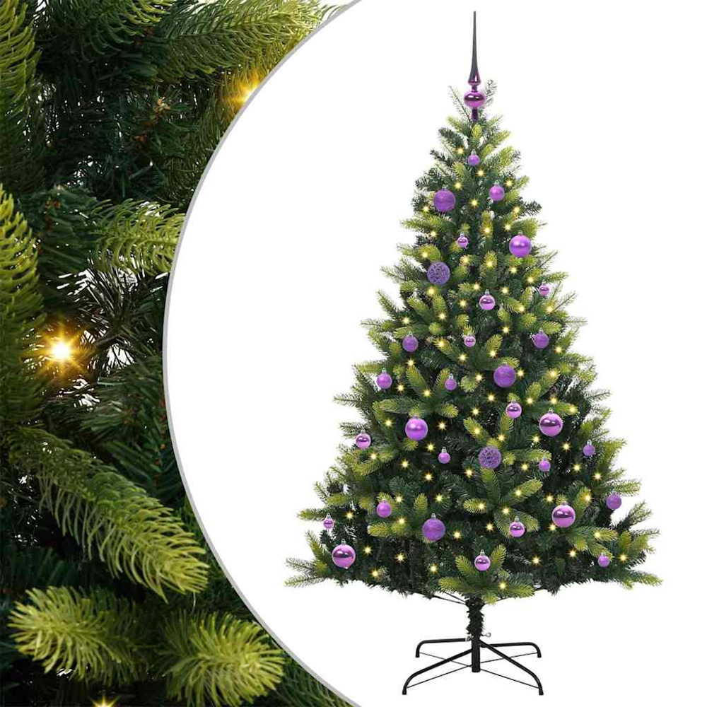 vidaXL Pre-Lit Lilac Baubles Green Artificial Hinged Christmas Tree 5ft Image 2