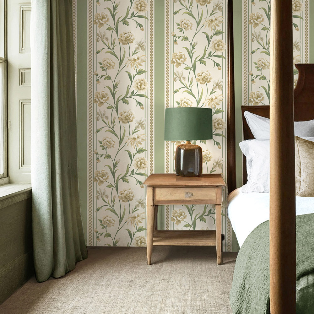 Belgravia Decor Raya Floral Stripe Sage and Cream Wallpaper Image 3
