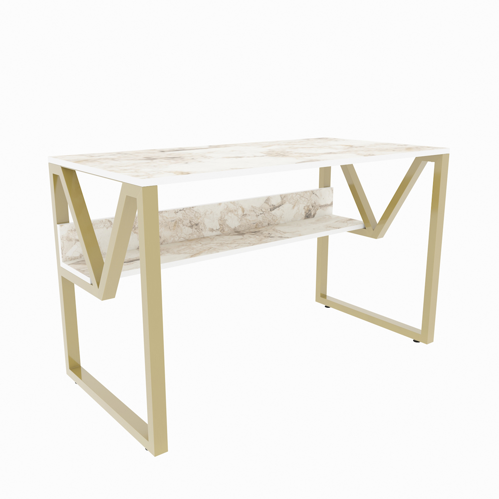 Decorotika Lona Single Shelf Study and Writing Desk White Marble Effect and Gold Image 2