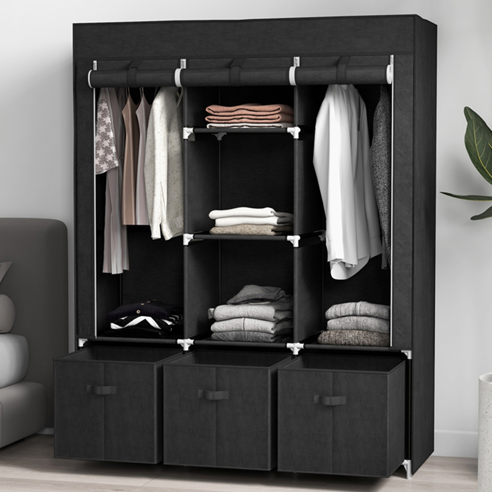 Portland 3 Fabric Drawer 5 Shelf Black Wardrobe Image 1