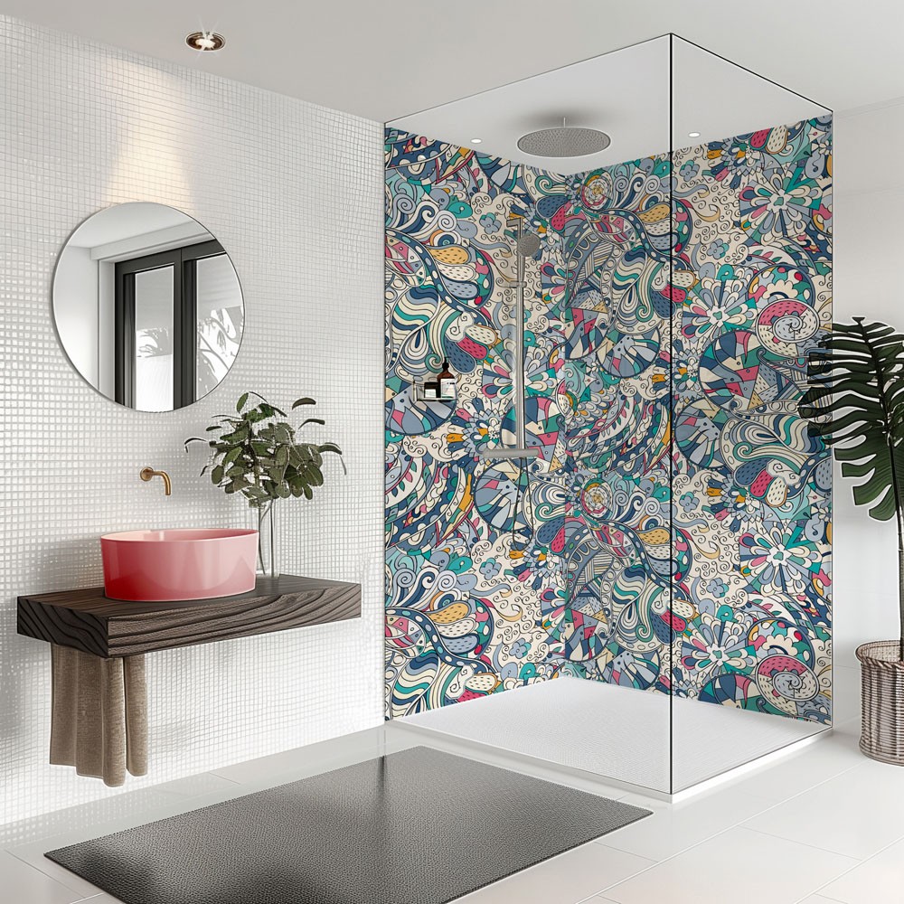 Splashbax Premium Artisan Colourful Doodle Acrylic Bathroom Wall Panel 2400 x 900mm Image 7
