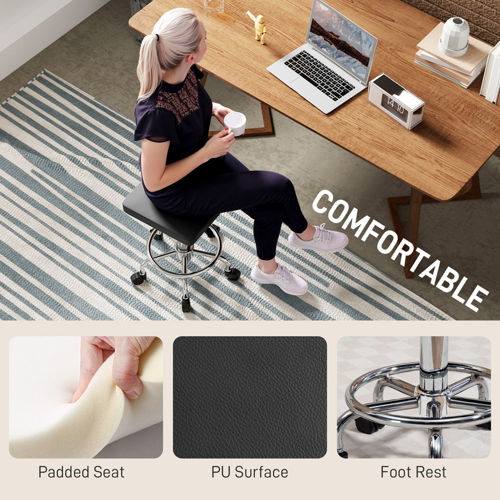 Portland Black PU Leather Adjustable Rolling Stool Image 5