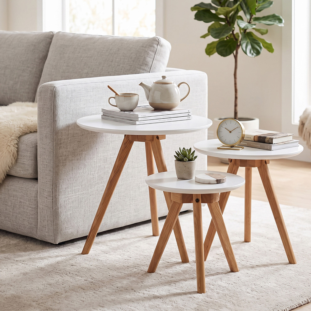 Premier Housewares Nostra White Oak Wood Side Table with Tapered Legs Set of 3 Image 3