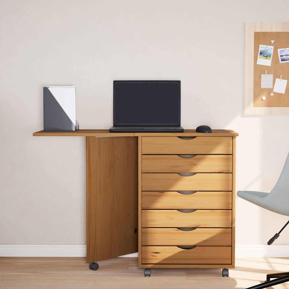 vidaXL Moss 7 Drawer Honey Brown Solid Pine Mobile Chest of Drawers with Desk Image 7