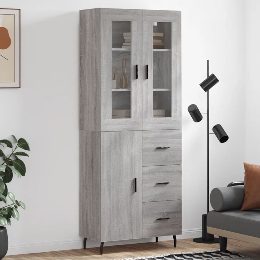 vidaXL 3 Glass and Wood Door 3 Drawer Grey Highboard with Black Handle Image 1