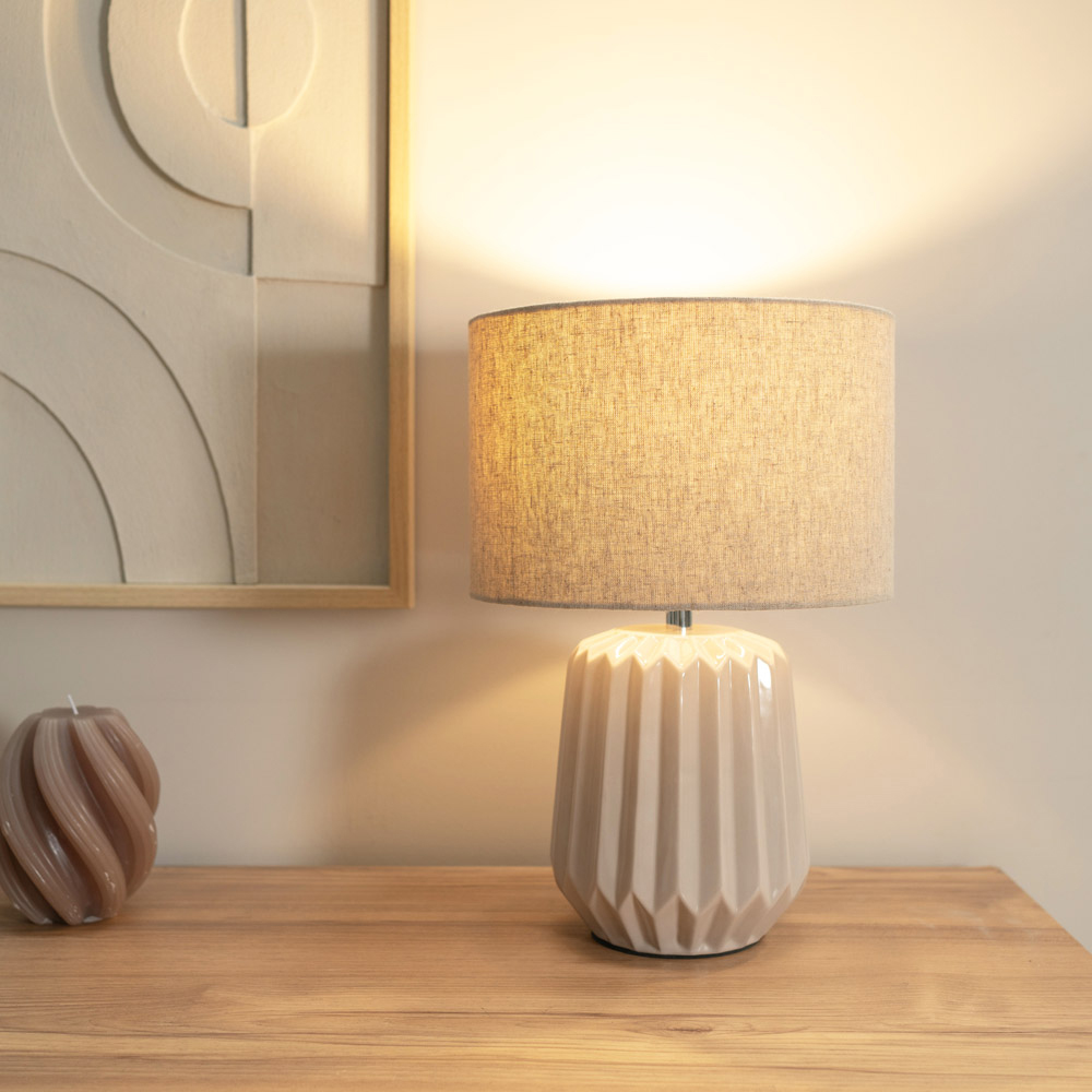 ValueLights Zak Fabric Lamp Shade Natural Stone Pleated Textured Ceramic LED Table Lamp Image 2