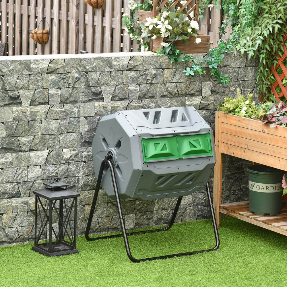 Outsunny 160L Grey 2 Chamber Steel Tumbling Garden Compost Bin Image 2
