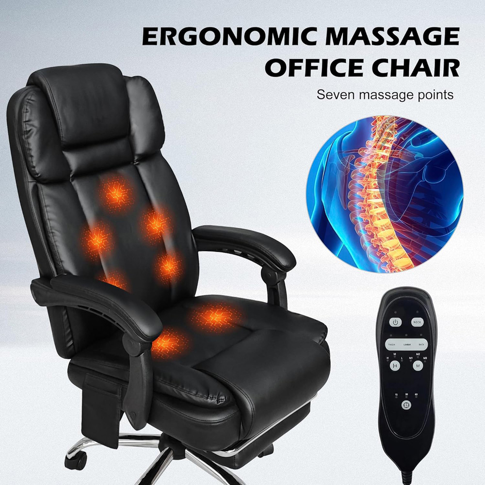 Alivio Black PU Leather Swivel Recliner Office Massage Chair with Footrest Image 6