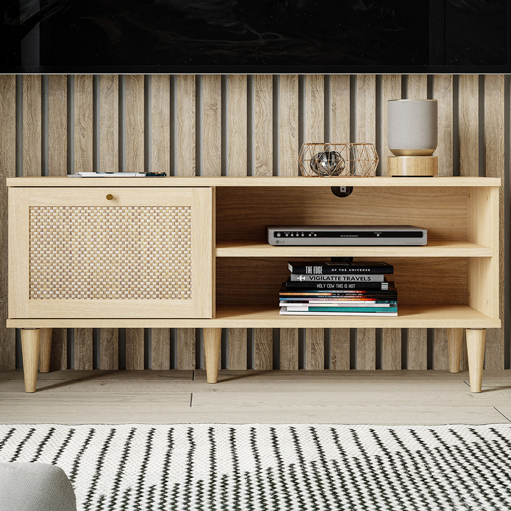 Florence Calasetta Single Door 2 Shelf Rattan Oak TV Unit Image 1