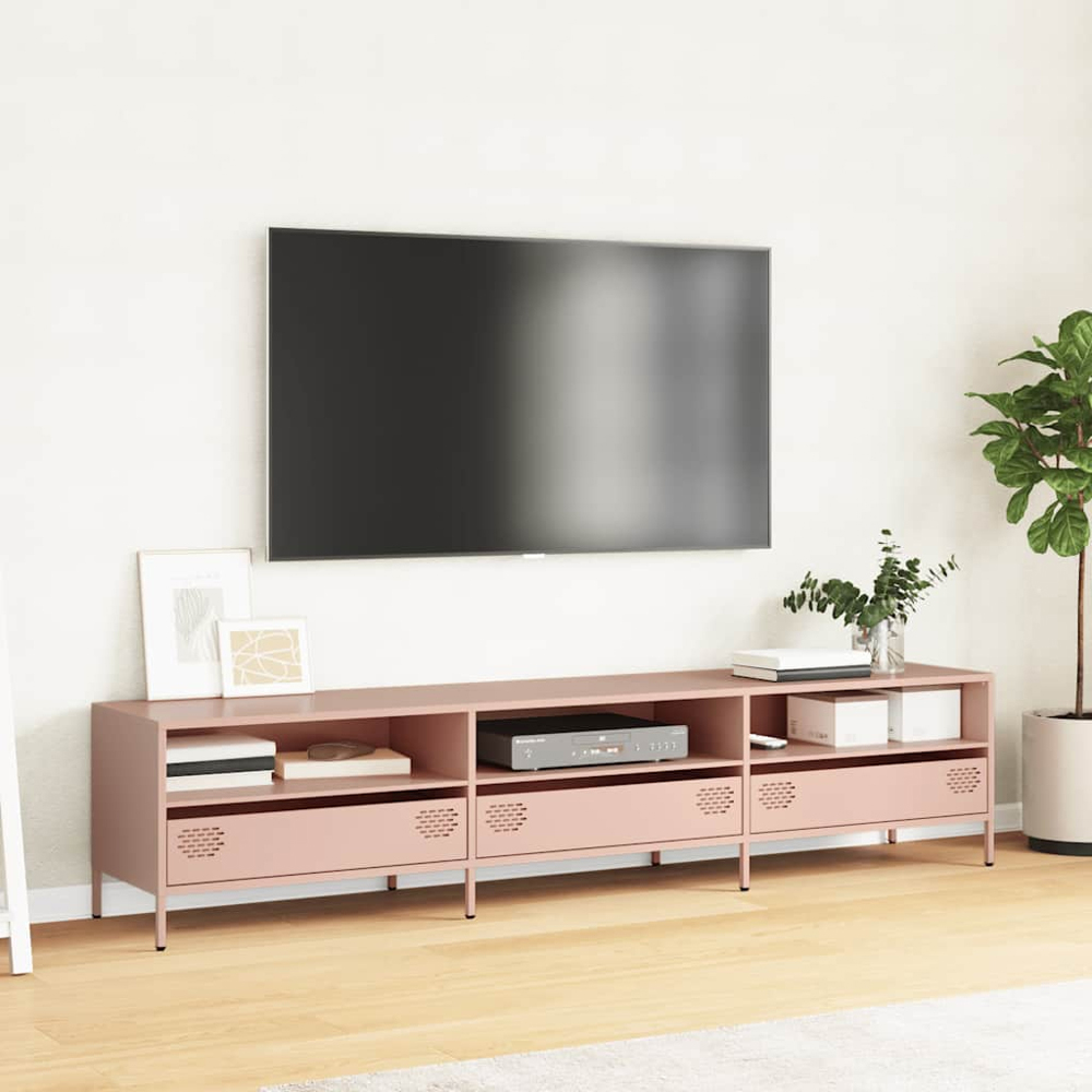 vidaXL 3 Drawer 3 Shelf Pink Steel Wide TV Cabinet Image 9