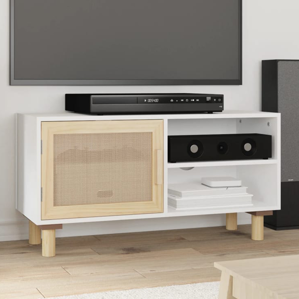 vidaXL Single Door 2 Shelf White Solid Pine Wood and Natural Rattan TV Cabinet Image 1