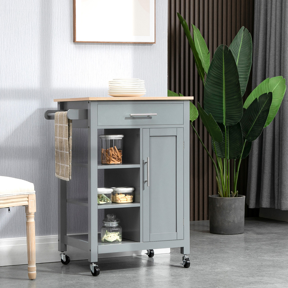 HOMCOM Single Drawer Single Door 3 Shelf Grey Kitchen Trolley Image 2