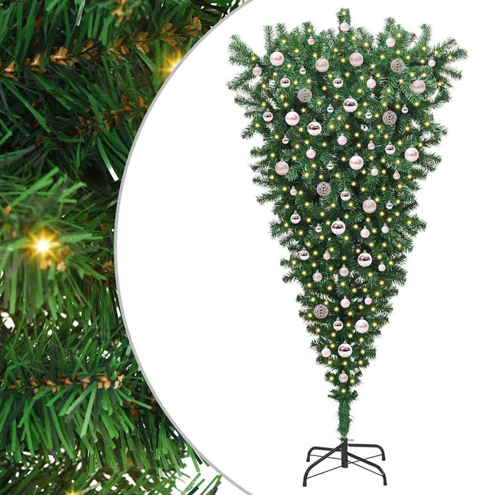 vidaXL Pre-Lit Pink Bauble Green Artificial Upside-Down Christmas Tree 7ft Image 6