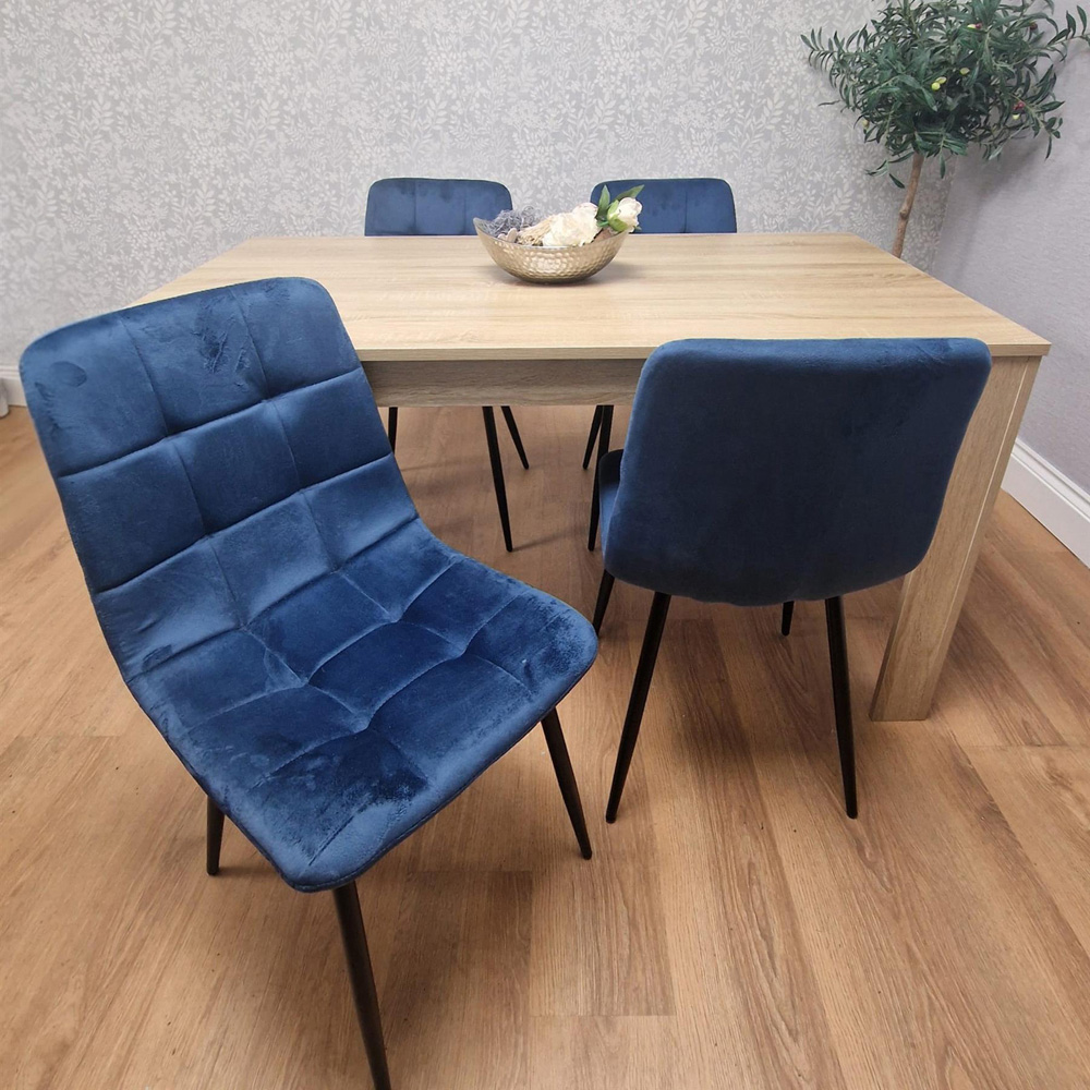 Portland 4 Seater Square Velvet Dining Set Oak Effect and Blue Image 4