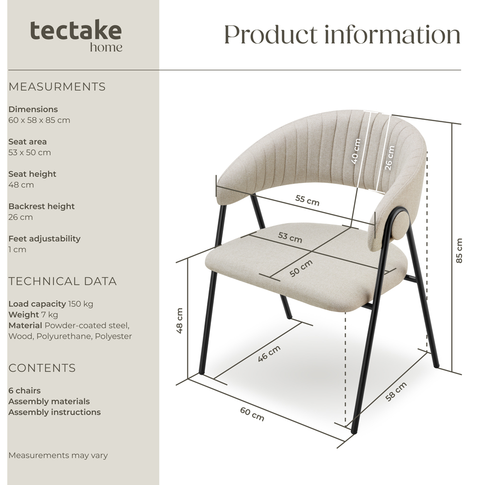 tectake Bedano Set of 6 Greige Dining Chair Image 9