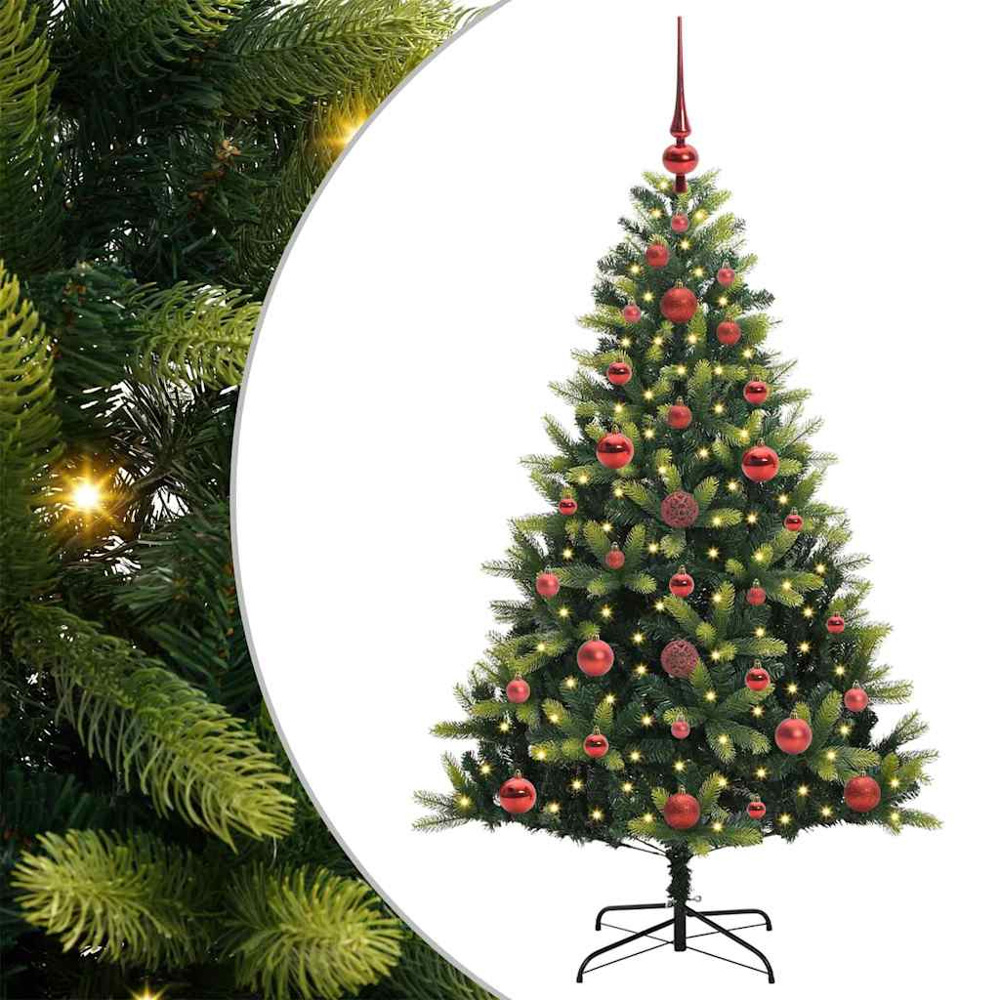 vidaXL Pre-Lit Red Baubles Green Artificial Hinged Christmas Tree 4ft Image 2