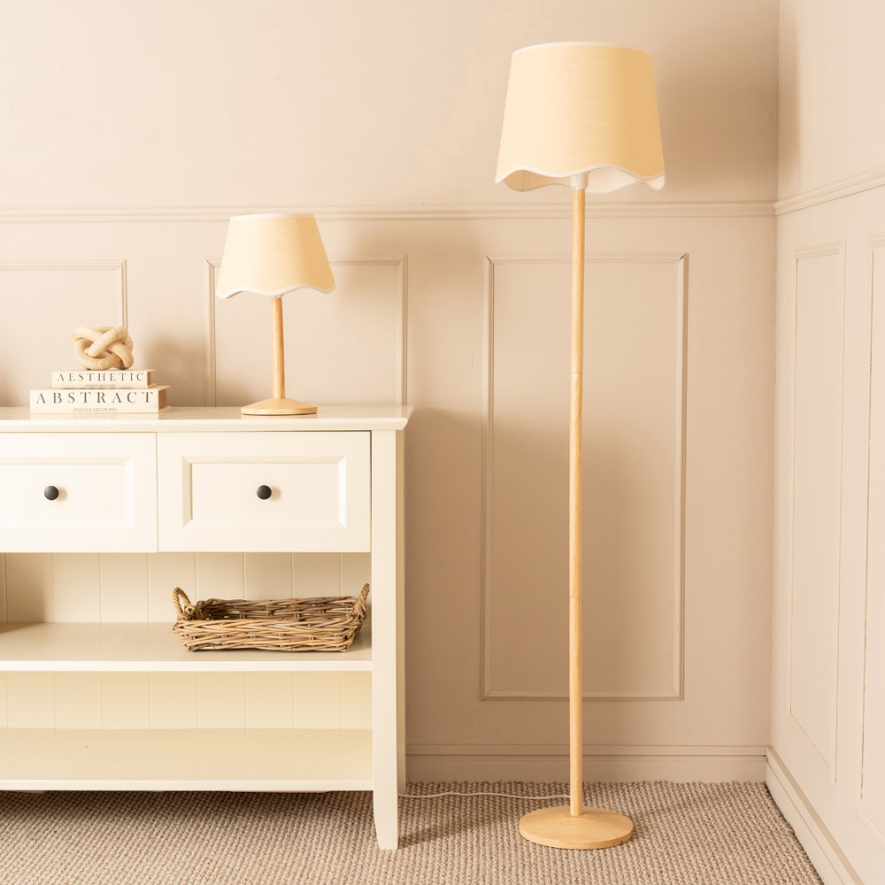ValueLights Triston Scallop White Edge Shade Natural Light Wood Stem LED Table Lamp Image 4