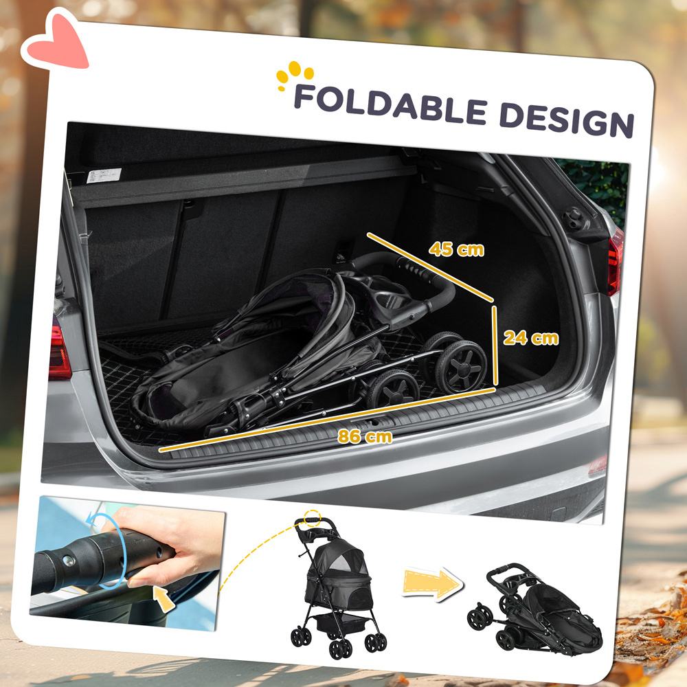 PawHut Foldable Black Pet Stroller with Canopy Image 5