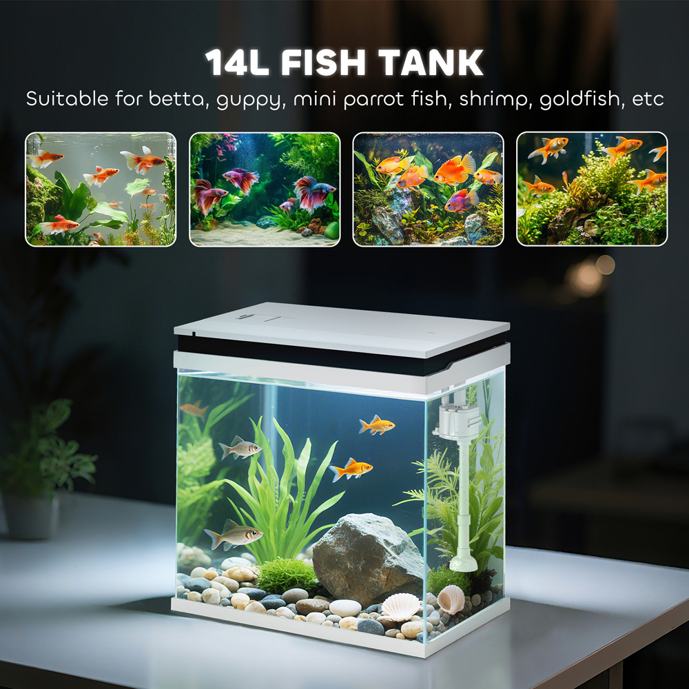 PawHut White LED Lights Small Fish Tank with Filter System and Water Pump 14L Image 5