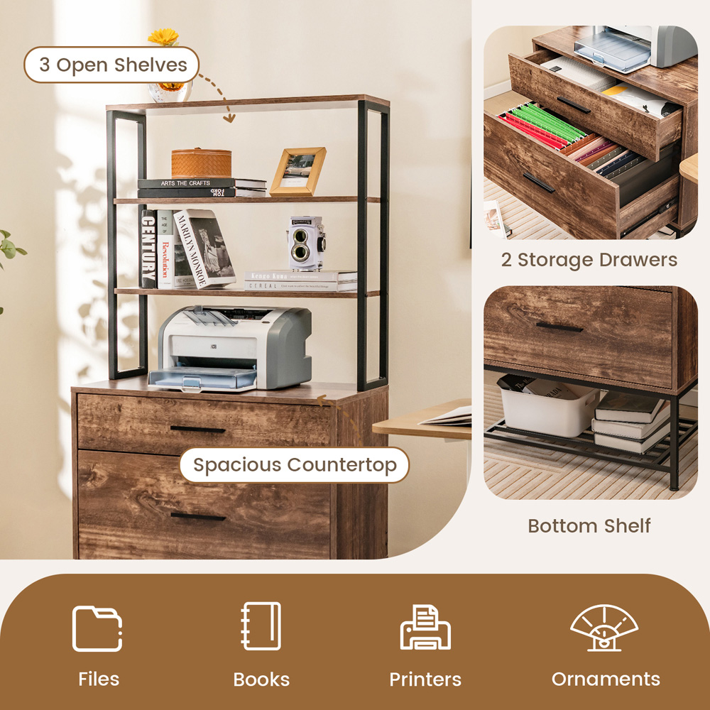Costway 4 Shelf 2 Drawer Rustic Brown Freestanding Printer Stand Image 8
