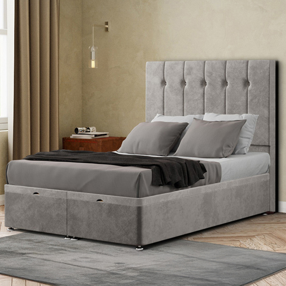 Portland Highland Double Silver Plush Ottoman Bed with Headboard Image 1