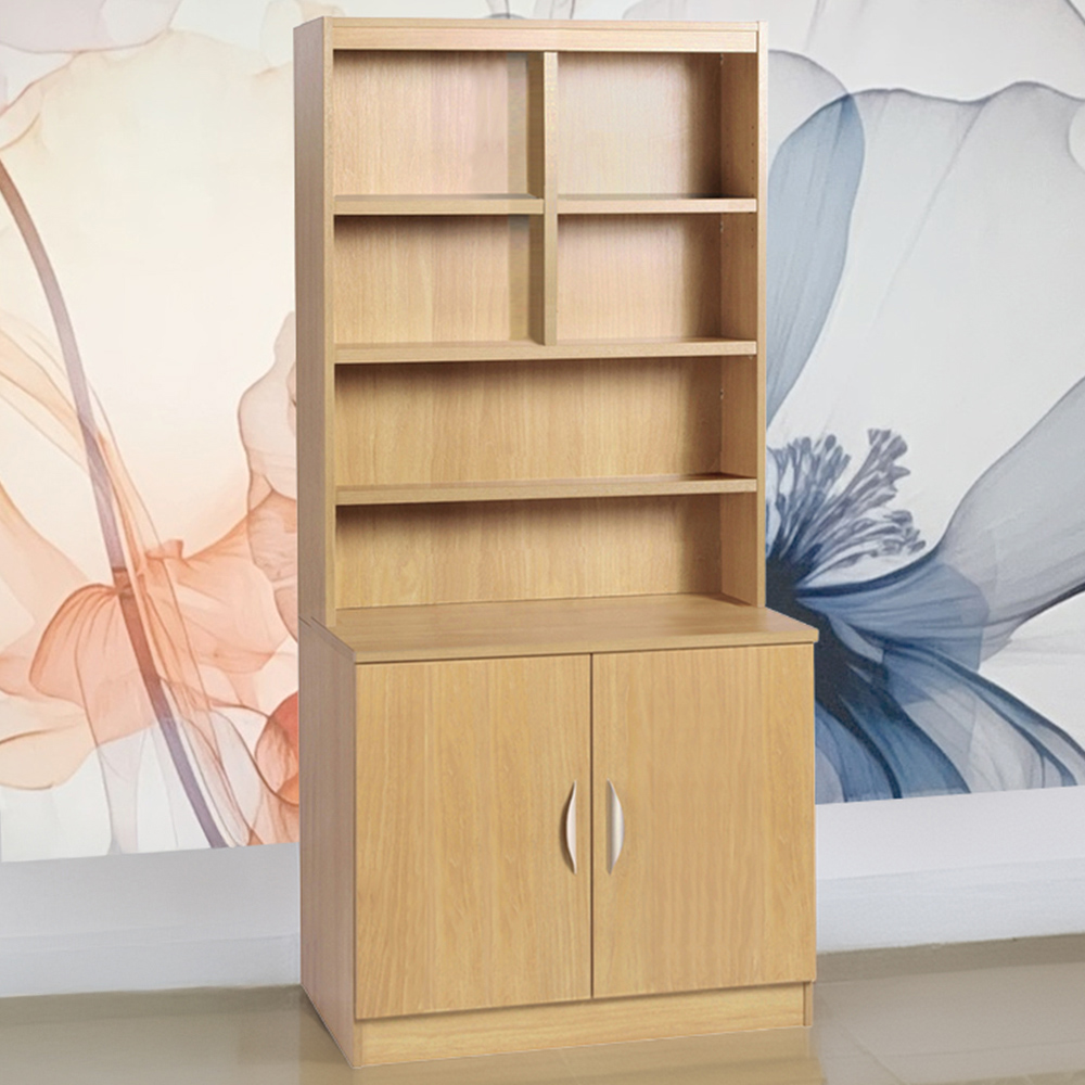 R White Cabinets 2 Door 6 Shelf Brown Desk Height Wide Cupboard with Hutch Image 1