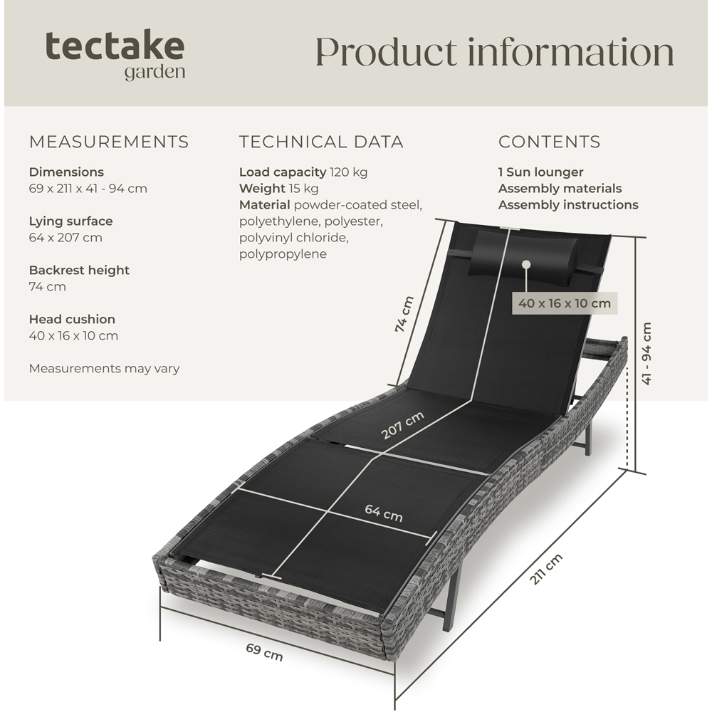 tectake 6 Step Adjustable Mottled Grey Polyrattan Sun Lounger Image 9