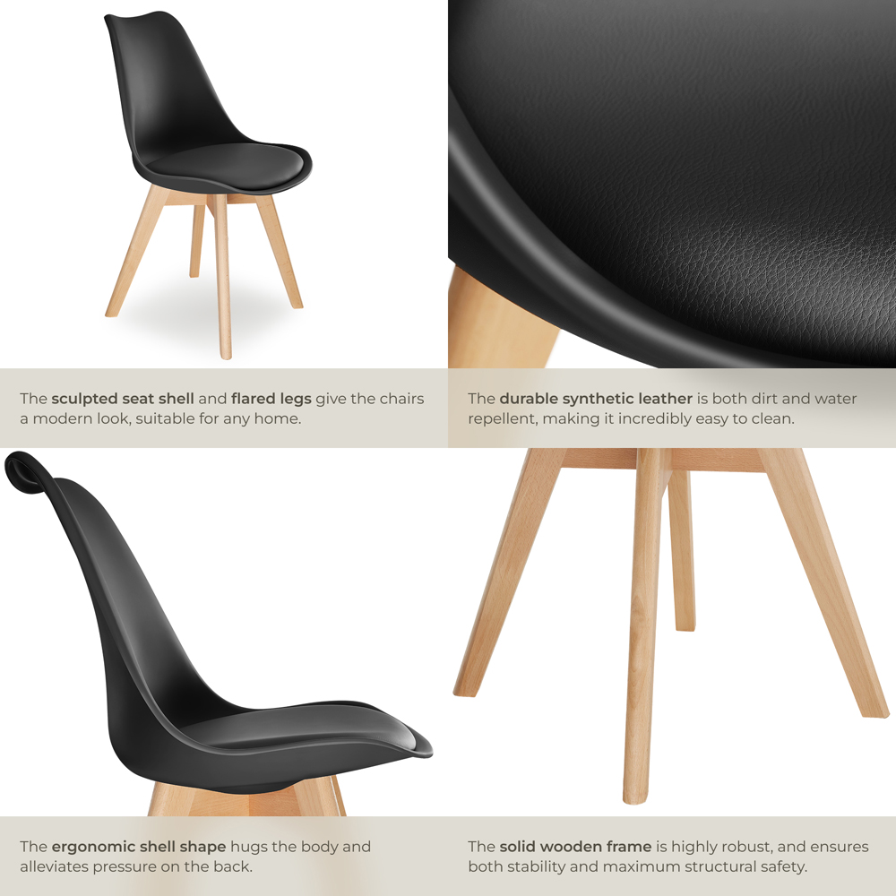 tectake Frederikke Set of 2 Black Padded Dining Chair with Wooden Legs Image 6