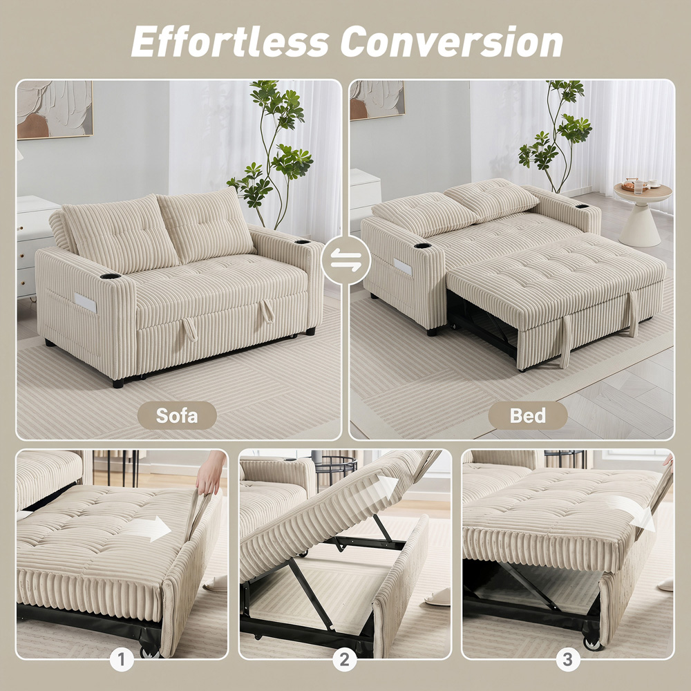 HOMCOM 3-in-1 2 Seater Cream White Corduroy Pull Out Sofa Bed Image 2