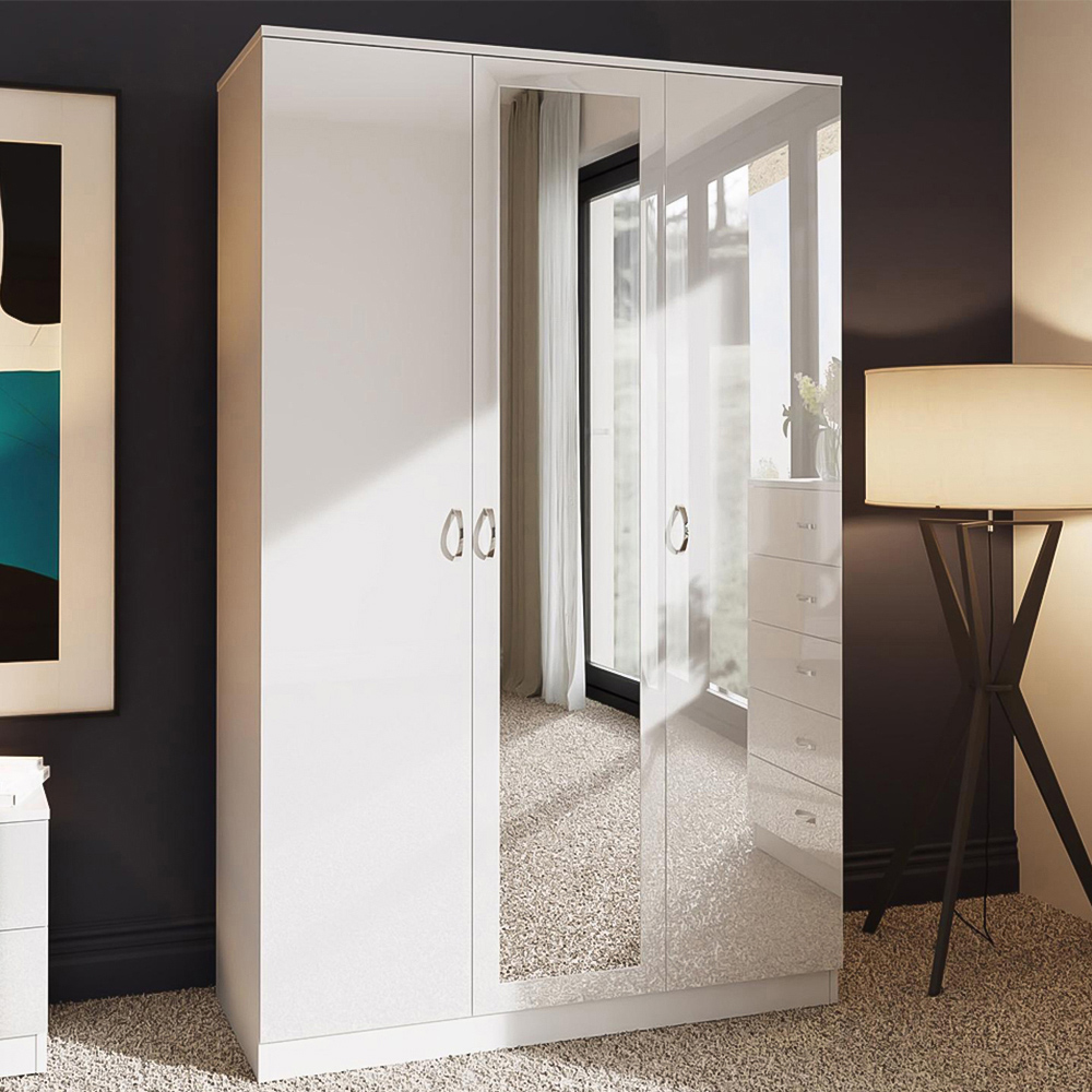 FWStyle 3 Door White Gloss Wardrobe with Mirror Door Image 1