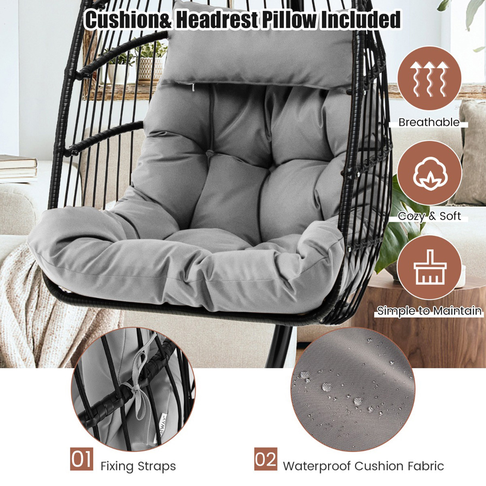 Costway Grey Hanging Swing Egg Chair with Cushion Image 7