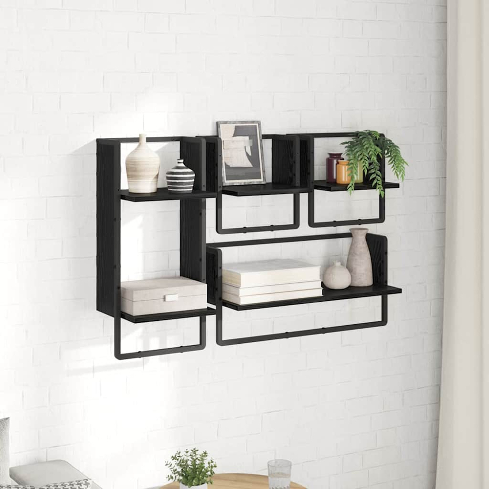 vidaXL 5 Shelf Black Oak Wall Shelf Set of 4 Image 2