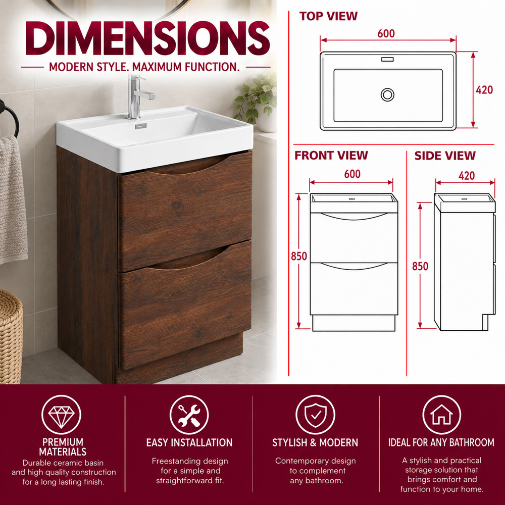 Go Bathrooms Eaton 2 Drawer Redwood Oak Floor Standing Vanity Unit with Resin Basin 600mm Image 4