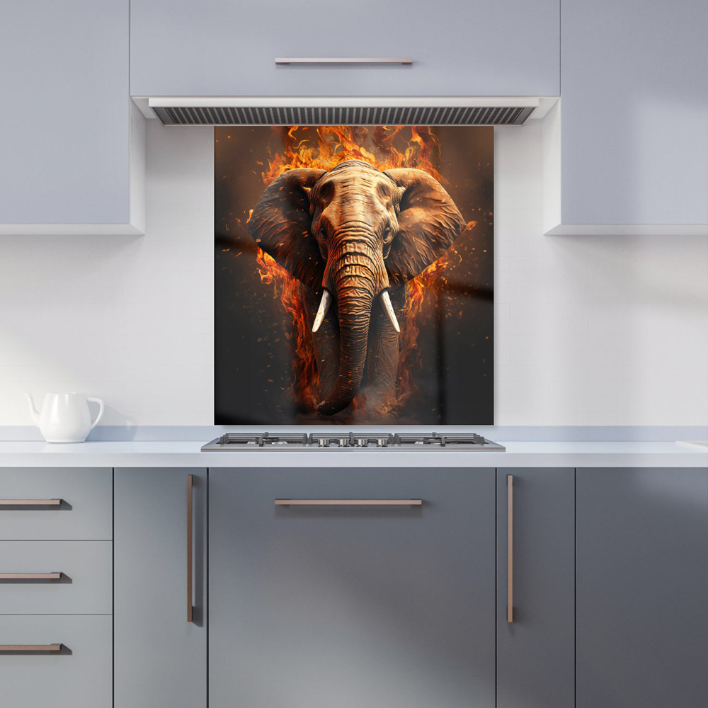 Warren Reed Designer Splashart Elephant and Fire Glass Kitchen Splashback 65 x 70cm Image 1