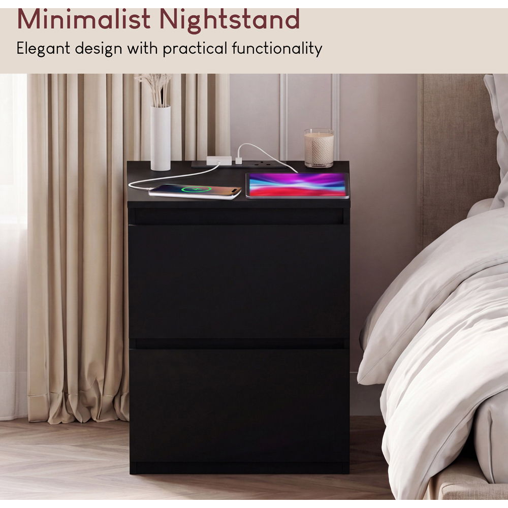 VIDA DESIGNS Denver 2 Drawer Black Large Bedside Chest with Power Outlet Set of 2 Image 4