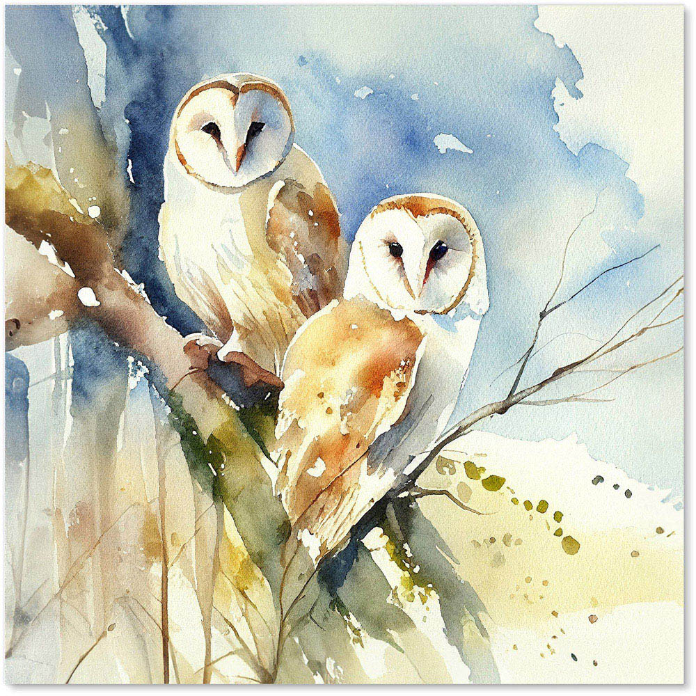 Warren Reed Designer Barn Owls Watercolour Glass Kitchen Splashback 60 x 60cm Image 2