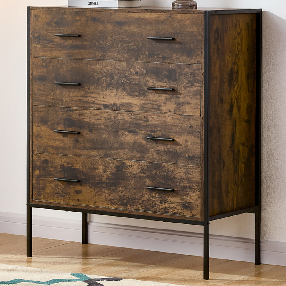 Vida Designs Brooklyn 4 Drawer Dark Wood Rustic Metal Frame Chest of Drawers Image 1