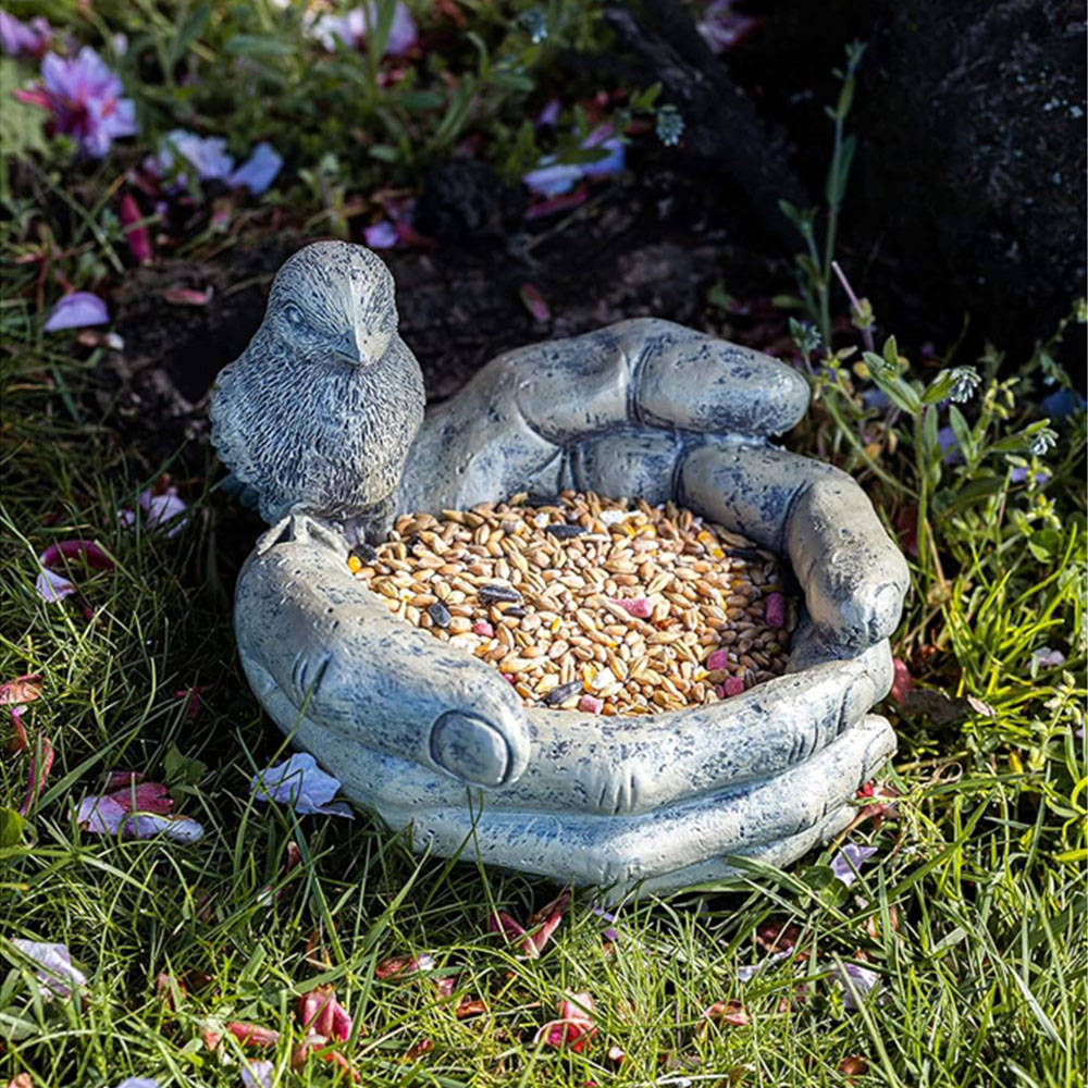 Marco Paul Stone Effect Resin Open Hands with Robin Bird Seed Feeder Image 2