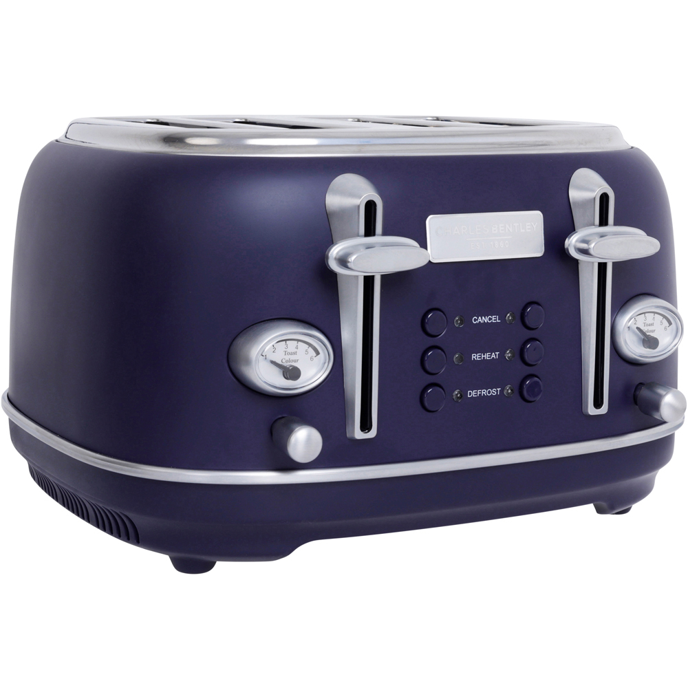 Charles Bentley TORE01DARKBL Matt Dark Blue and Silver 4 Slice Toaster Image 1