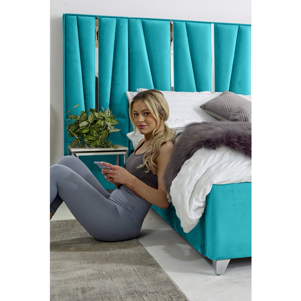 Eleganza Mila Double Teal Plush Velvet Bed Frame with Lined Headboard Image 3