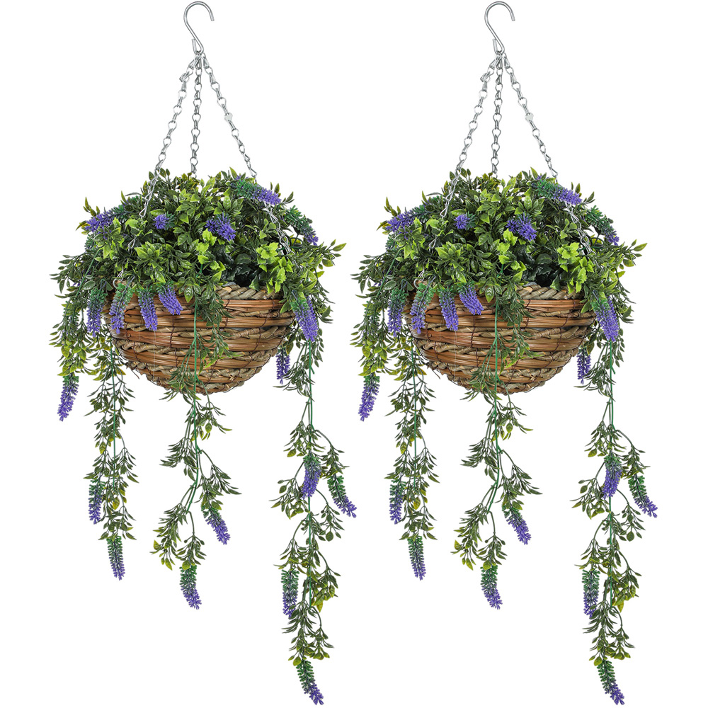 Portland Purple Lavender Flower Artificial Plants in Hanging Basket 2 Pack Image 1