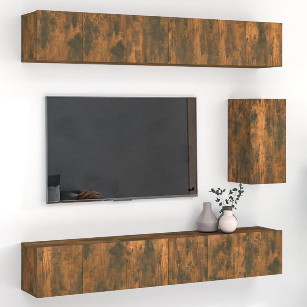 vidaXL 7 Piece Smoked Oak Wall Mounted TV Cabinet Set Image 1