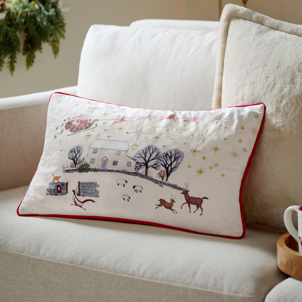 Furn Cotswold Christmas Embroidered Cream and Burgundy Velvet Cushion 30 x 50cm Image 2