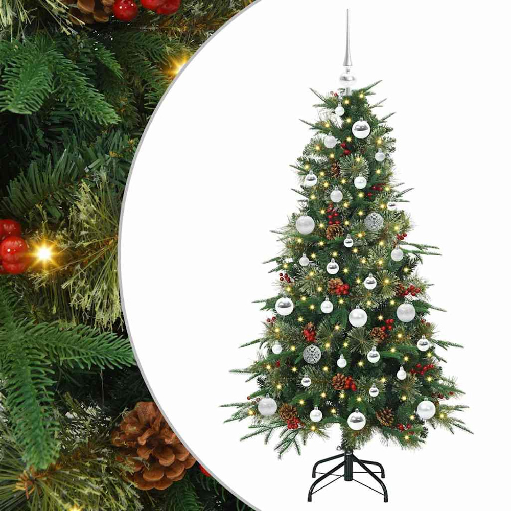vidaXL Pre-Lit Silver Baubles Green Artificial Hinged Christmas Tree 5ft Image 2