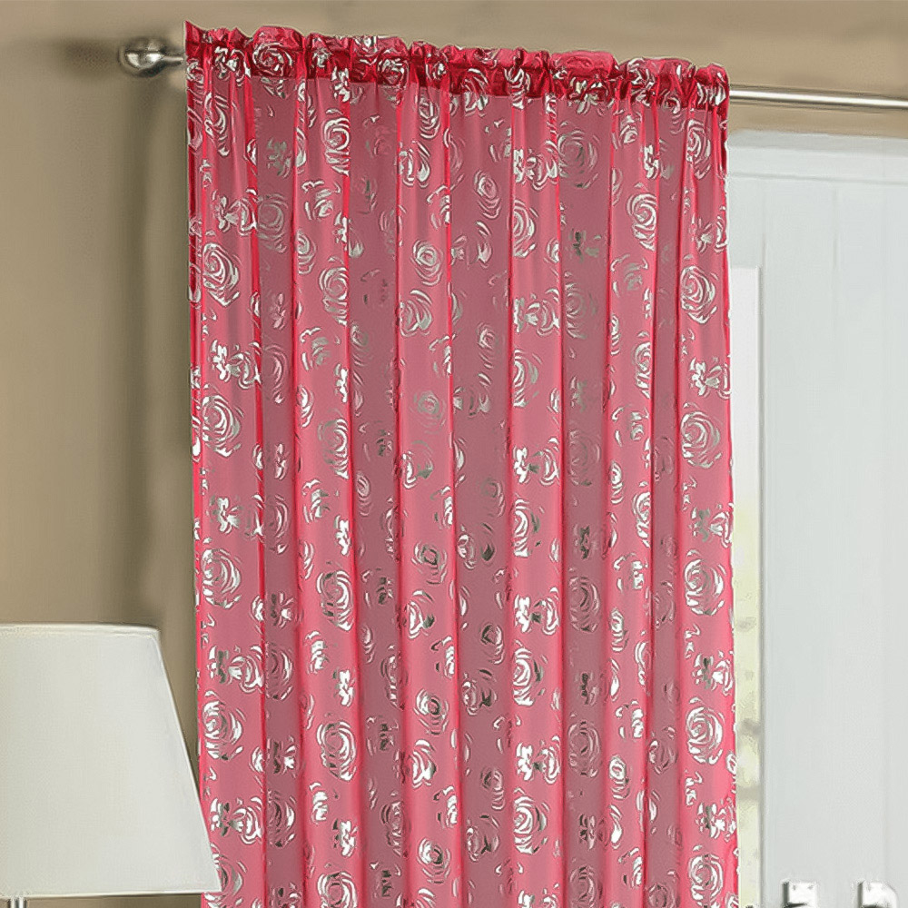 Velosso Geneva Red Foil Flower Voile Panel Curtain 150 x 137cm Image 2