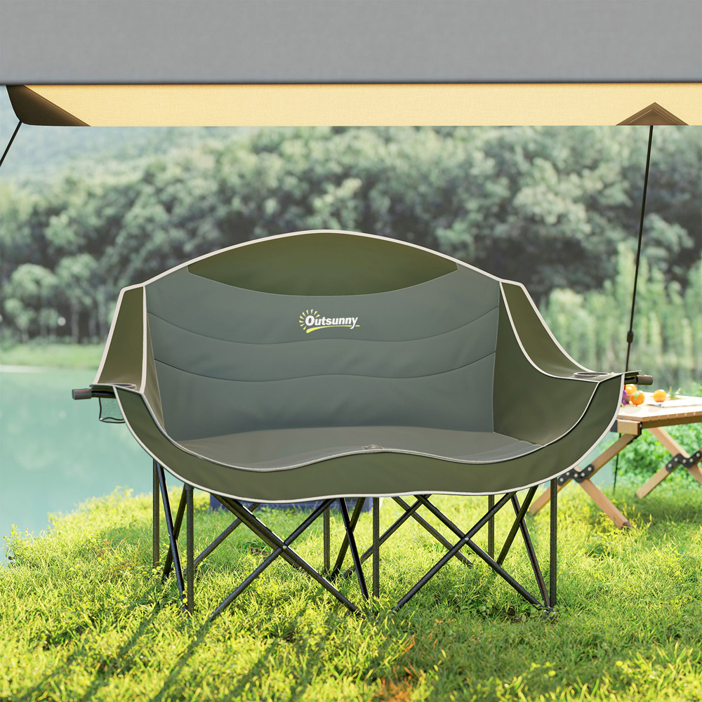 Outsunny 2 Seater Green Camping Chair with Armrests and Cup Holders Image 3