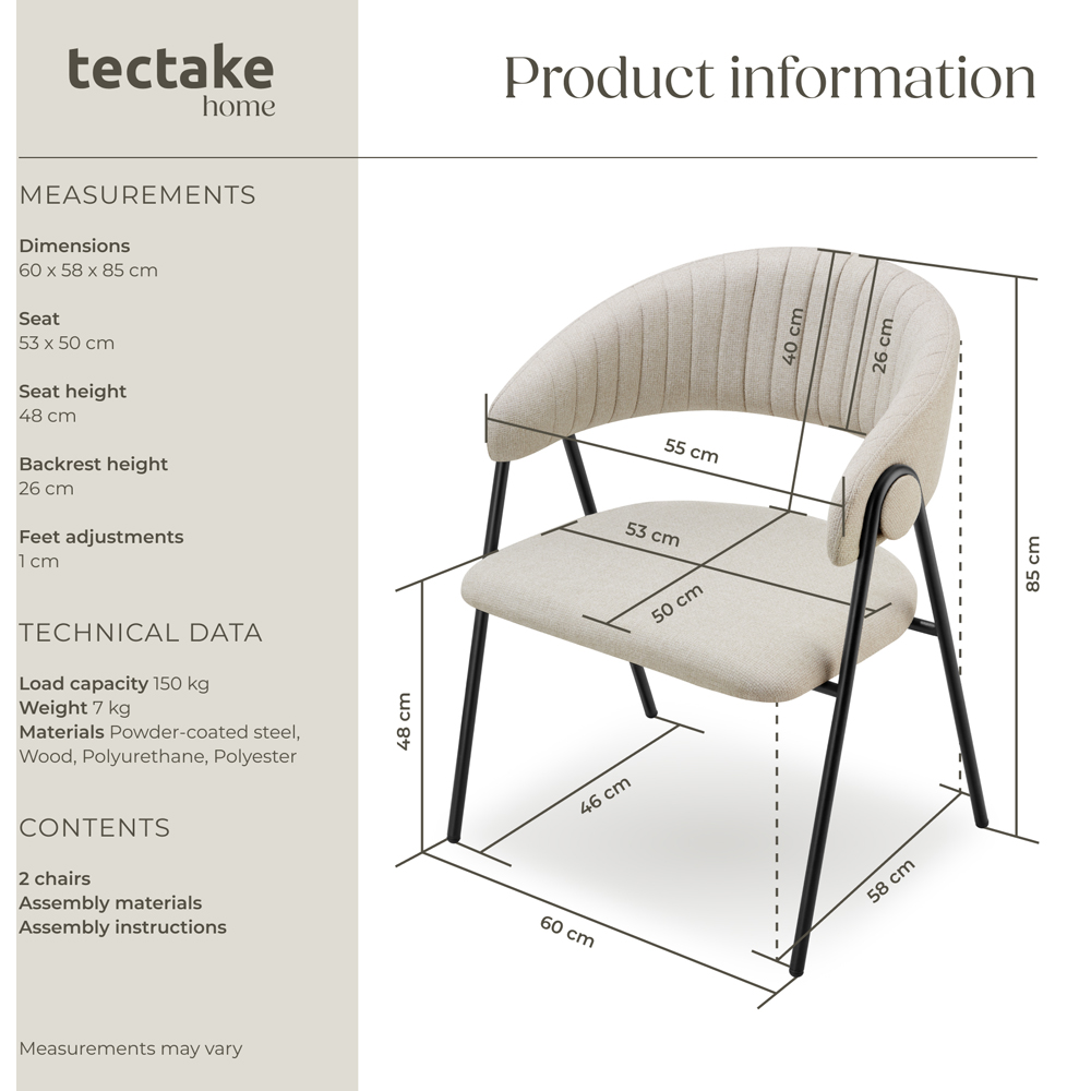 tectake Bedano Set of 2 Greige Dining Chair Image 9